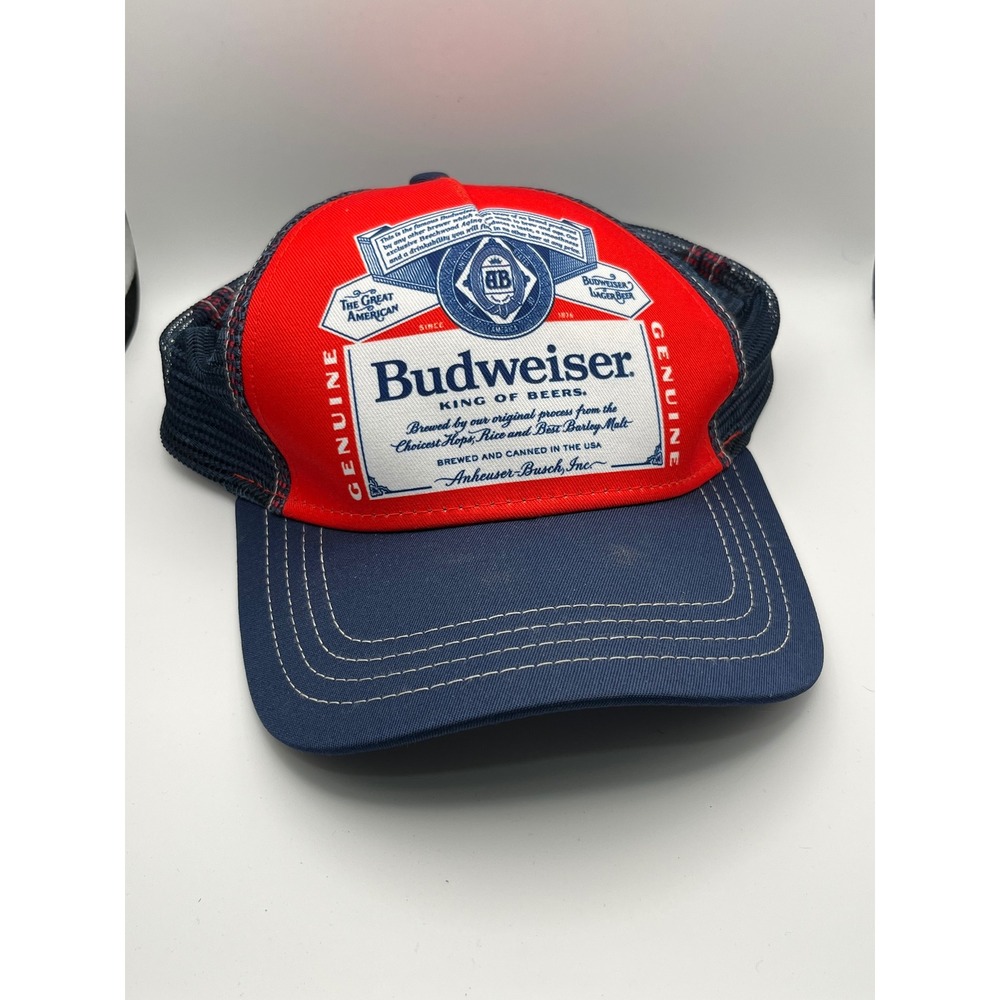 Budweiser King of Beers Trucker Hat Red Blue White Mesh Snapback Cap‎ Adjustable